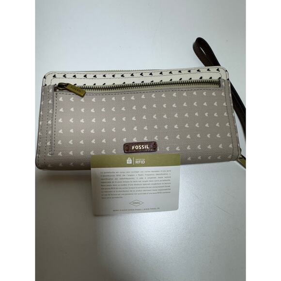 Fossil Clutch Wristlet Wallet Taupe Tan Multi Heart Patterned Canvas Zip Around - Picture 5 of 10